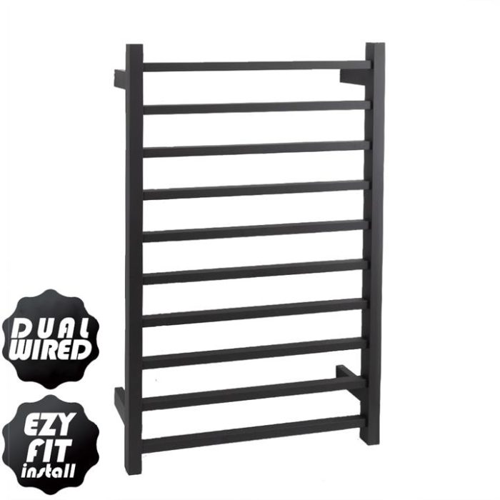 EZY FIT Heated Towel Rail - Square Tube - Dual Wired - (W600mm x H920mm) - Matte Black